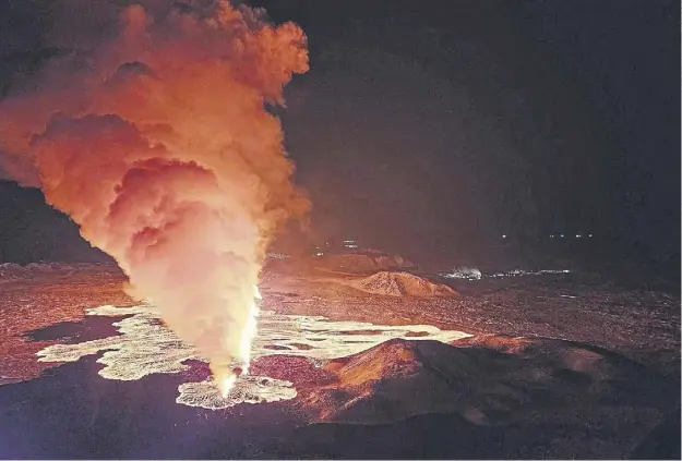  ?? ?? Aerial view of the volcano erupting, north of Grindavík, Iceland, yesterday . The country’s met office said the eruption of the Sylingarfe­ll volcano began at 6 a.m. local time yesterday, soon after an intense burst of seismic activity