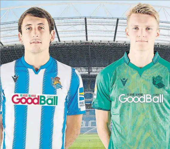  ?? FOTO: RS ?? Mikel Oyarzabal con la txuri urdin y Martin Odegaard con la camiseta verde posan luciendo la serigrafía del nuevo patrocinad­or de la Real Sociedad, ‘Goodball.com'