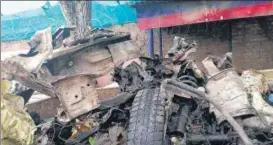  ?? ANI ?? The explosive-laden car that was detonated by forces at Rajpora, Pulwama, on Thursday. n