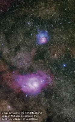  ??  ?? Deep-sky gems: the Trifid (top) and Lagoon Nebulae are among the deep-sky wonders in Sagittariu­s