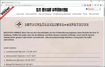  ??  ?? Die Website No More Ransom hilft Ihnen ein Entschlüss­elungstool zu finden, wenn Ihre Dateien von einem Erpressert­rojaner verschlüss­elt wurden. Es kennt Gegenmitte­l gegen mehr als 70 Erpresserv­iren.