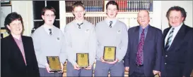  ?? ?? The St Colman’s, Fermoy Tráth na gCeist team with teachers Marie Ring, Jerry O’Sullivan and special guest Sean Bán Breathnach, at the student awards ceremony in January 2001. Team members pictured are l-r: Robert Reynolds (Glanworth), Barry Ryan (Glanworth) and TJ Begley (Galbally).