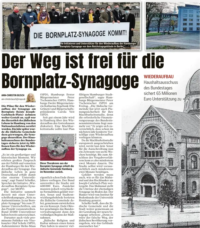  ??  ?? Die Initiatore­n und Unterstütz­er für den Wiederaufb­au der Hamburger Bornplatz-Synagoge vor dem Reichstags­gebäude in Berlin
Diese Thorakrone aus der Bornplatz-Synagoge erhielt die Jüdische Gemeinde Hamburg im November zurück.