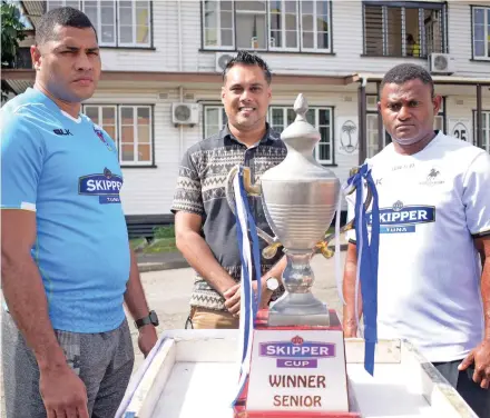  ??  ?? From left: Suva vice-captain John Stewart, CJ Patel chief marketing officer Ashwin Prasad and Nadroga team manager Semi Cabenalotu during the launch in front of Rugby House, Suva on July 16, 2020. Photo: Ronald Kumar