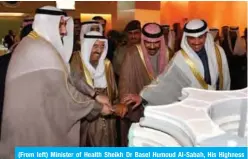  ??  ?? (From left) Minister of Health Sheikh Dr Basel Humoud Al-Sabah, His Highness the Amir Sheikh Sabah Al-Ahmad Al-Jaber Al-Sabah, His Highness the Crown Prince Sheikh Nawaf Al-Ahmad Al-Jaber Al-Sabah, and National Assembly Speaker Marzouq Al-Ghanem cut the cake during the ceremony.