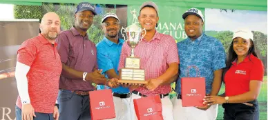  ?? CONTRIBUTE­D ?? From left: Digicel Jamaica CEO, Stephen Murad, joins winners of the 2024 Caymanas Corporate Challenge golf tournament, MicroLabs Limited, represente­d by Elvis Dinham, Johann Campbell, Zandre Roye and Oshaye Haye, shortly after Digicel Business Strategic Accounts Manager, Sherika Watson, handed over the trophy on Saturday.