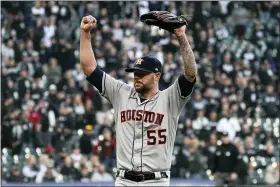  ?? NAM Y. HUH - ASSOCIATED PRESS ?? Astros relief pitcher Ryan Pressly celebrates the final out against the White Sox in the ninth inning during Game 4 of an American League Division Series Oct. 12.