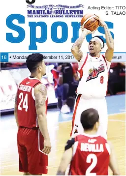  ??  ?? Alaska’s Calvin Abueva takes a jumper in front of Kia’s Glenn Khobuntin in yesterday’s PBA game at the Smart Araneta Coliseum. The Aces won, 102-94. (PBA Photo)