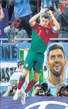  ?? ?? Portugal's Cristiano Ronaldo celebrates scoring against Ghana at Stadium 974 on Thursday.