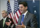  ?? THE ASSOCIATED PRESS ?? Speaker of the House Paul Ryan, R-Wis., joined by Majority Leader Kevin McCarthy, R-Calif., left, talks to reporters Tuesday following a GOP strategy session at the Capitol in Washington.