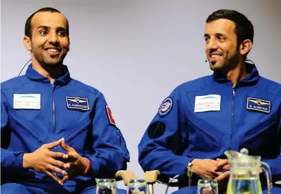  ?? ?? UAE astronauts Hazzaa Al Mansouri (left) and Sultan Al Neyadi at the press conference. — supplied photo