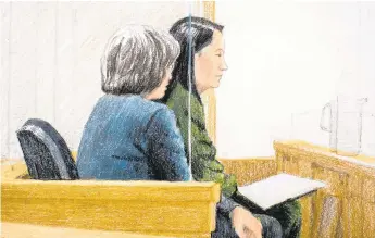  ?? COURTROOM SKETCH BY JANE WOLSAK/THE CANADIAN PRESS VIA AP ?? Meng Wanzhou (right), chief financial officer of Huawei Technologi­es, attends her bail hearing Friday at British Columbia Supreme Court in Vancouver. She faces extraditio­n to the United States on charges of trying to evade U.S. sanctions on Iran.