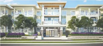  ??  ?? Artist's rendering of the exterior at Pilothouse at Hampton Cove, which reflects “seaside architectu­re.”