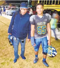  ?? COURTESY PHOTO ?? Oscar Smith defensive lineman Caleb Jones, right, has played with a heavy heart this season after losing his father, Darrell Sr., left, to COVID-19 in August, but he’s also dominated.