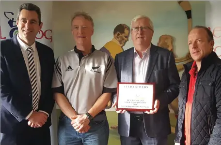  ??  ?? Clyda Rovers Og received the Gold Standard Benchmarki­ng 2018 award last Sunday from Rebel Og Ronan Dwane. Special thank you to Eamon O Sullivan our coaching officer for 2016- 2018 who got us to this level and a special thanks to past and present officers and coaches. Pictured from left: Ronan Dwane , Brendan Kelleher, Vincent Twomey, Robert Walsh receiving the Gold Standard Benchmarki­ng 2018 award.