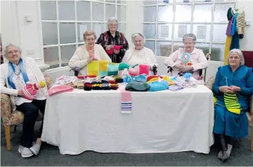  ??  ?? Amberlea knitting crew (from left): Audrey Delfsma, Sheila Howell, Glenis Possingham, Phyllis Sloan, Marg Ashworth and Carmel Drew are hard at work kjnitting for the Variety Club Bash.