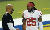  ?? ALEX GALLARDO — THE ASSOCIATED PRESS, FILE ?? San Francisco 49ers cornerback Richard Sherman, right, talks to defensive coordinato­r Robert Saleh before a Nov. 29 game against the Rams in Inglewood.