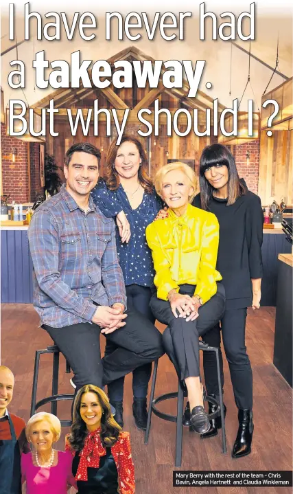  ??  ?? Mary Berry with the rest of the team – Chris Bavin, Angela Hartnett and Claudia Winkleman