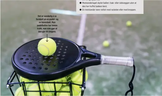  ?? ?? Det er vanskelig å se forskjell på en padel- og en tennisball. Men padelballe­n har lavere trykk, noe som gjør at den går litt tregere.