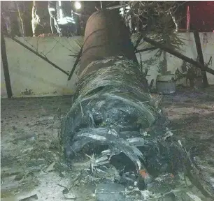  ?? (Twitter) ?? A CLOSE-UP view of the remains of the Syrian anti-aircraft missile fired at an Israel Air Force jet early Friday and intercepte­d by the Arrow system, which Jordanian military sources said landed in Jordanian territory without causing harm.