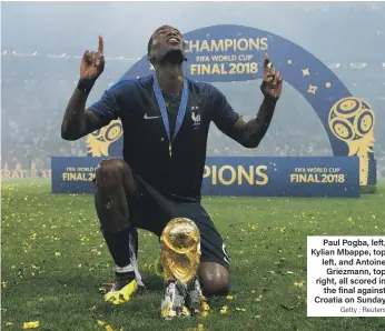  ?? Getty ; Reuters ?? Paul Pogba, left, Kylian Mbappe, top left, and Antoine Griezmann, top right, all scored in the final against Croatia on Sunday