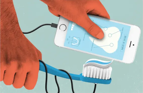  ??  ?? ABOVE No, silly, a smart toothbrush isn’t one you plug directly into your phone. It’s appcontrol­led, innit?