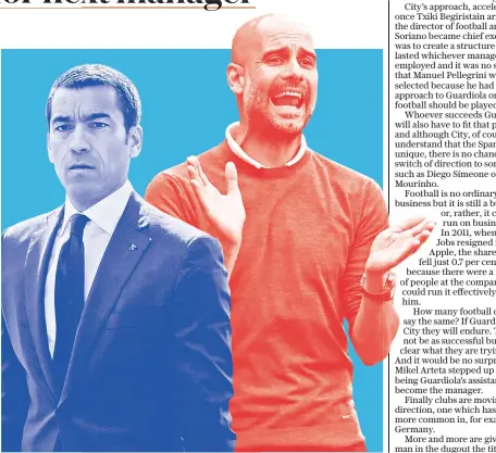  ??  ?? Shadow plan: Giovanni van Bronckhors­t (left) has been given access to Pep Guardiola’s Manchester City