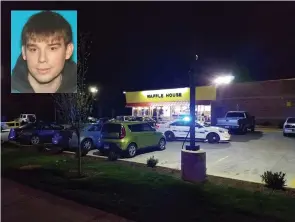  ??  ?? A POLICE VEHICLE sits parked at the scene of yesterday’s fatal shooting at a Waffle House restaurant near Nashville, Tennessee. Inset: Travis Reinking, 29, in an undated photo.