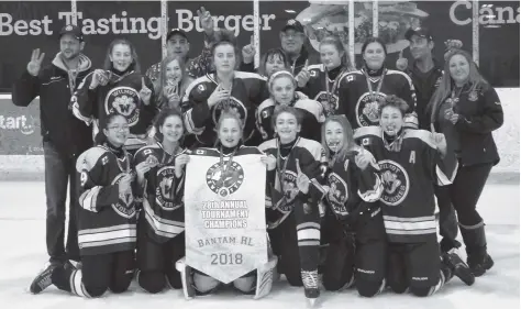  ?? [SUBMITTED] ?? The Wilmot bantam girls took home gold at the London Devilettes Hockey Tournament last weekend, their third tournament championsh­ip win of the season. Front row: Olivia Watts, Louisa Mueller, Alisha Latyn, Evie Adam, Kayla Foy, Emma Sommer. Middle row:...