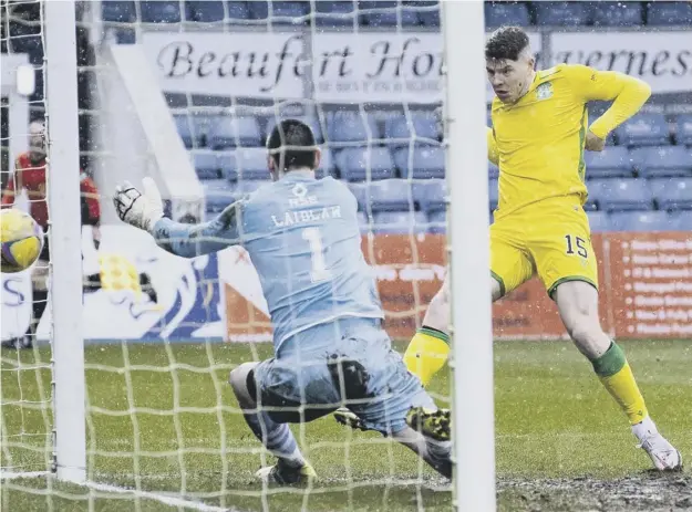  ??  ?? 0 Kevin Nisbet makes it 2-1 to Hibs at the Global Energy Stadium on Saturday. Martin Boyle, inset below, had earlier converted the visitors’ equaliser from the penalty spot