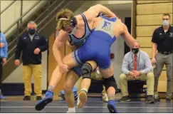  ?? AUSTIN HERTZOG — MEDIANEWS GROUP ?? North Penn’s William Morrow, facing, tries to take down Bensalem’s Connor Eck during the 145-pound final at the District 1-3A North tournament.