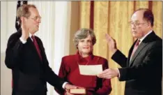  ?? ASSOCIATED PRESS ?? Anthony Kennedy, left, takes the constituti­onal oath as a Supreme Court Associate Justice from Chief Justice William Rehnquist at a White House ceremony in Washington in 1988. Holding the Bible is Kennedy’s wife, Mary Kennedy. The 81-year-old Kennedy said Tuesday that he is retiring after more than 30 years on the court.