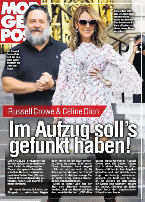  ??  ?? Mit Russell Crowe (54) teilt die Sängerin unter anderem die Liebe zur Musik. Céline Dion (50) war 35 Jahre lang mit ihrem Ehemann zusammen. Nun konnte sie ihr Herz offenbar an einen neuen Mann vergeben.