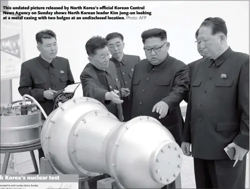  ??  ?? This undated picture released by North Korea’s official Korean Central News Agency on Sunday shows North Korean leader Kim Jong-un looking at a metal casing with two bulges at an undisclose­d location.