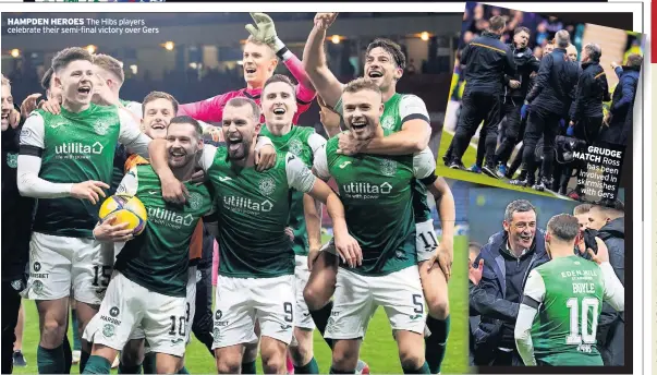  ?? ?? HAMPDEN HEROES The Hibs players celebrate their semi-final victory over Gers