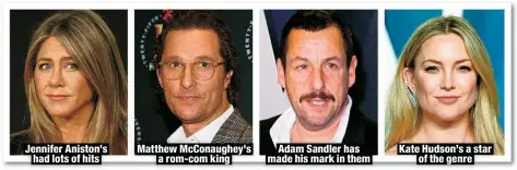  ?? ?? Jennifer Aniston’s
had lots of hits
Matthew McConaughe­y’s
a rom-com king
Adam Sandler has made his mark in them
Kate Hudson’s a star
of the genre