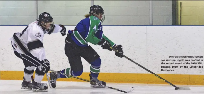  ?? STEVEN MAH/SOUTHWEST BOOSTER FILE PHOTO ?? Joe Arntsen (right) was drafted in the second round of the 2018 WHL Bantam Draft by the Lethbridge Hurricanes.