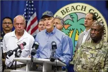  ?? MEGHAN MCCARTHY / THE PALM BEACH POST ?? Gov. Rick Scott, in Palm Beach County on Thursday, continued to spread his warning that Hurricane Irma could bring “deadly storm surge” and “lifethreat­ening winds” to Florida’s east coast.