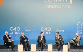  ?? /JP Engelbrech­t ?? Action: World Resources Institute CEO Andrew Steer, Houston mayor Annise Parker, Oslo mayor Stian Berger Røsland, C40 chairman Eduardo Paes and C40 executive director Mark Watts attend a Climate Leadership Group meeting in this file picture.