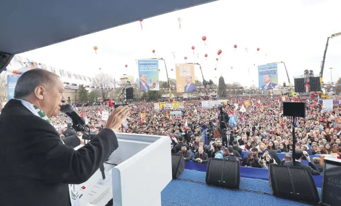  ?? ?? President Recep Tayyip Erdoğan speaks at a rally in Konya, central Türkiye, March 17, 2024.