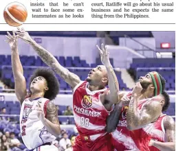  ??  ?? Columbian Dyip’s Jeremy King, left, and Phoenix’s Calvin Abueva contest the rebound in Wednesday’s PBA Governors’ Cup at the Smart Araneta Coliseum. Phoenix won, 113-107, as Eugene Phelps, right, unloaded 50 points. (Rio Leonelle Deluvio)