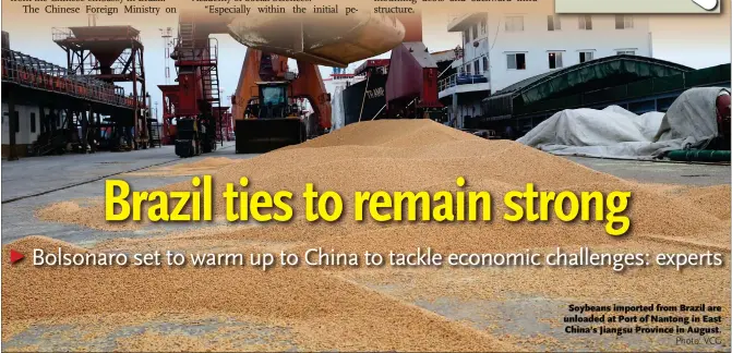  ?? Photo: VCG ?? Soybeans imported from Brazil are unloaded at Port of Nantong in East China’s Jiangsu Province in August.