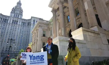  ??  ?? Andrew Yang at a press briefing at Tweed Courthouse in Manhattan earlier this week. Photograph: Michael M Santiago/Getty Images