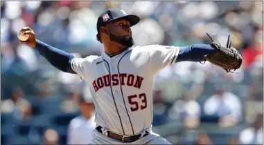  ?? NOAH K. MURRAY — THE ASSOCIATED PRESS ?? Astros starting pitcher Cristian Javier went seven innings in a combined no-hitter against the Yankees on Saturday in New York.