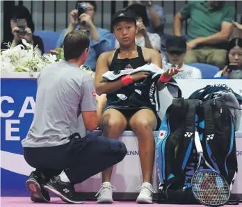  ?? AP ?? Naomi Osaka, beaten 6-4, 6-4 by Karolina Pliskova in yesterday’s Pan Pacific Open final, talks to her trainer during the match where she was heard complainin­g of feeling ‘stressed out’