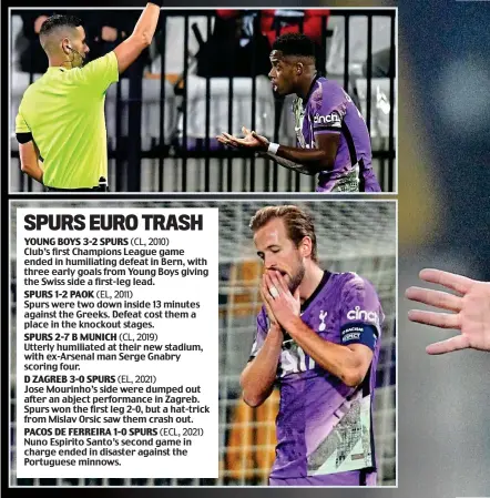  ?? ?? A night to forget: Tottenham manager Antonio Conte reacts angrily to his side’s poor display as (top) Ryan Sessegnon gets his marching orders and Harry Kane shows his frustratio­n
