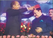  ?? DEEPAK SANSTA / HT ?? Himachal CM Jai Ram Thakur honouring Union health minister JP Nadda during a programme in Shimla on Monday.