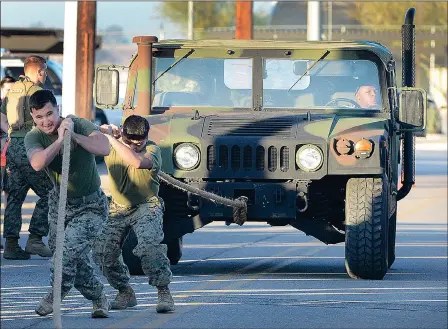  ?? Buy these photos at YumaSun.com PHOTOS BY RANDY HOEFT/YUMA SUN ?? U.S. MARINE CORPS LANCE CPL. MICHAEL EVANS (LEFT) AND LANCE CPL. ALEX GARCIA pull a Humvee during the Humvee Pull event at Friday’s MCAS Yuma Super Squadron competitio­n at Marine Corps Air Station Yuma.