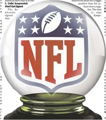  ??  ?? 2. The Jets Will Not Remain In First Place 3. Guaranteed: The Patriots Will Not Finish 16-0 5. Colin Kaepernick Won’t Get Signed 8. Tom Coughlin Fires Doug Marrone… Mid-Game 9. Rams and Chargers Flip A Coin And Winner Leaves L.A. 10. When It’s All Said...