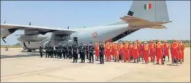  ?? HT ?? NDRF teams boarding IAF plane at Lal Bahadur Shastri Internatio­nal Airport, Varanasi.Five teams were sent to West Bengal from Varanasi on Sunday in view of possibilit­y of cyclone Yaas in coastal areas of West Bengal and Odisha on May 25 and 26.